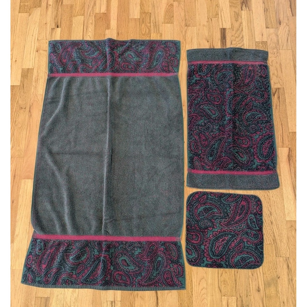 VTG Fieldcrest Royal Velvet Towel Set Paisley Green Burgundy Bath Hand Washcloth - Picture 2 of 11